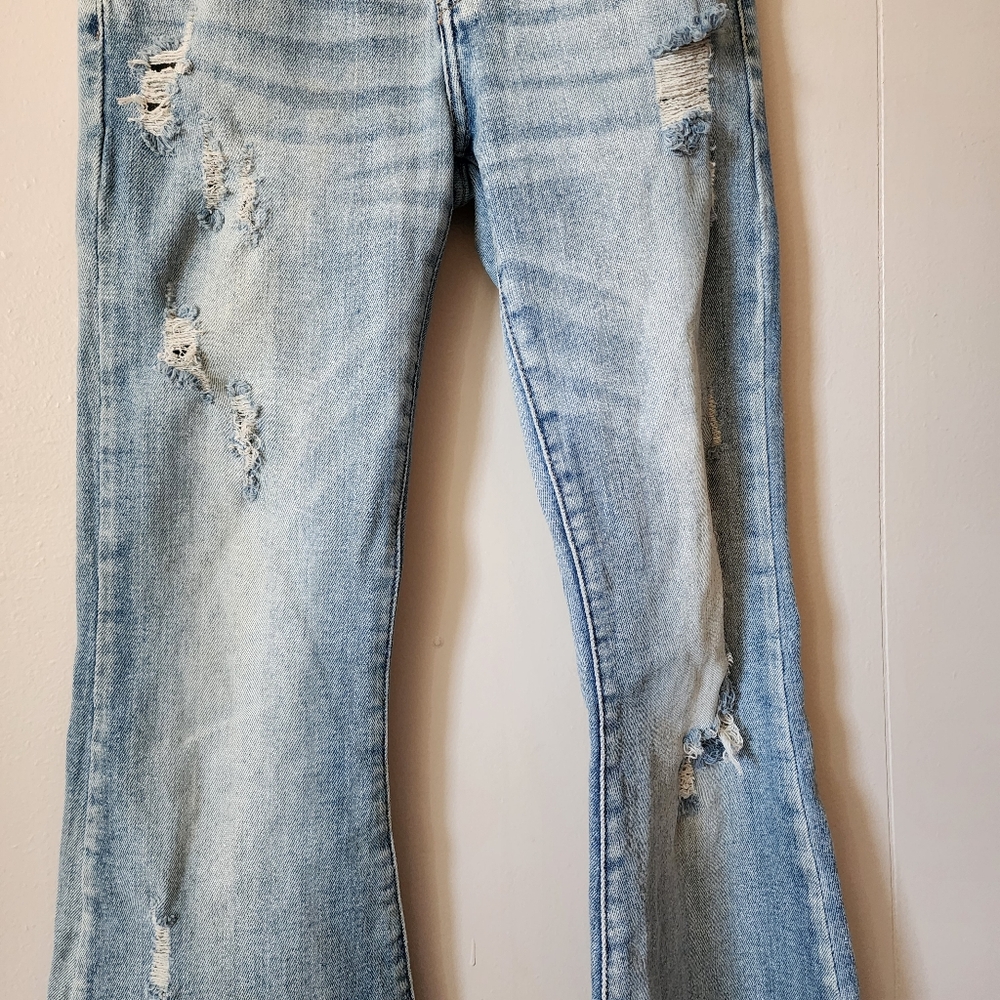 Kancan Bootcut Jeans Distressed High Rise Super Flare Fringe Raw Hem 25 - Picture 3 of 12